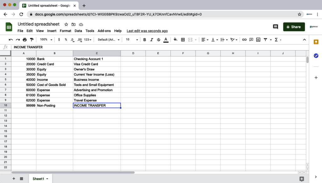 Accounting Chart of Accounts in Google Sheets