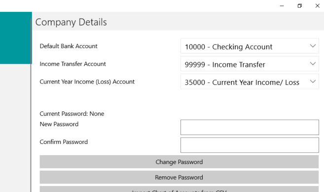 Company Details Default Accounts Screenshot