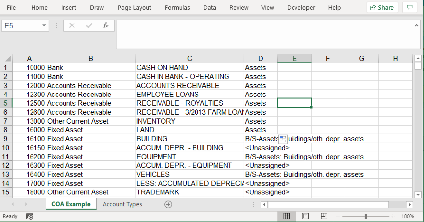 Import Chart of Accounts from Spreadsheet using a structured csv file.