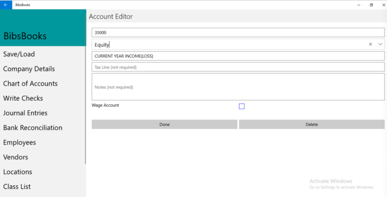Adding an account to chart of accounts in BibsBooks