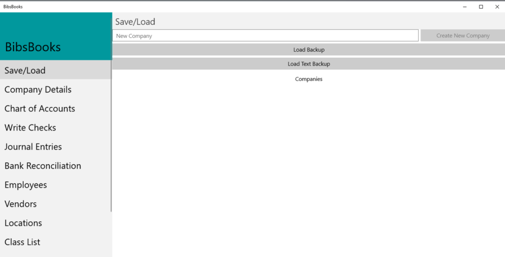 Screenshot of bibsbooks save load create company screen.